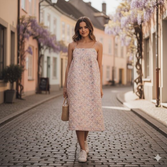 NWT En Saison Pastel Floral Print Quilted Maxi Dress Pink Multi - Picture 1 of 7